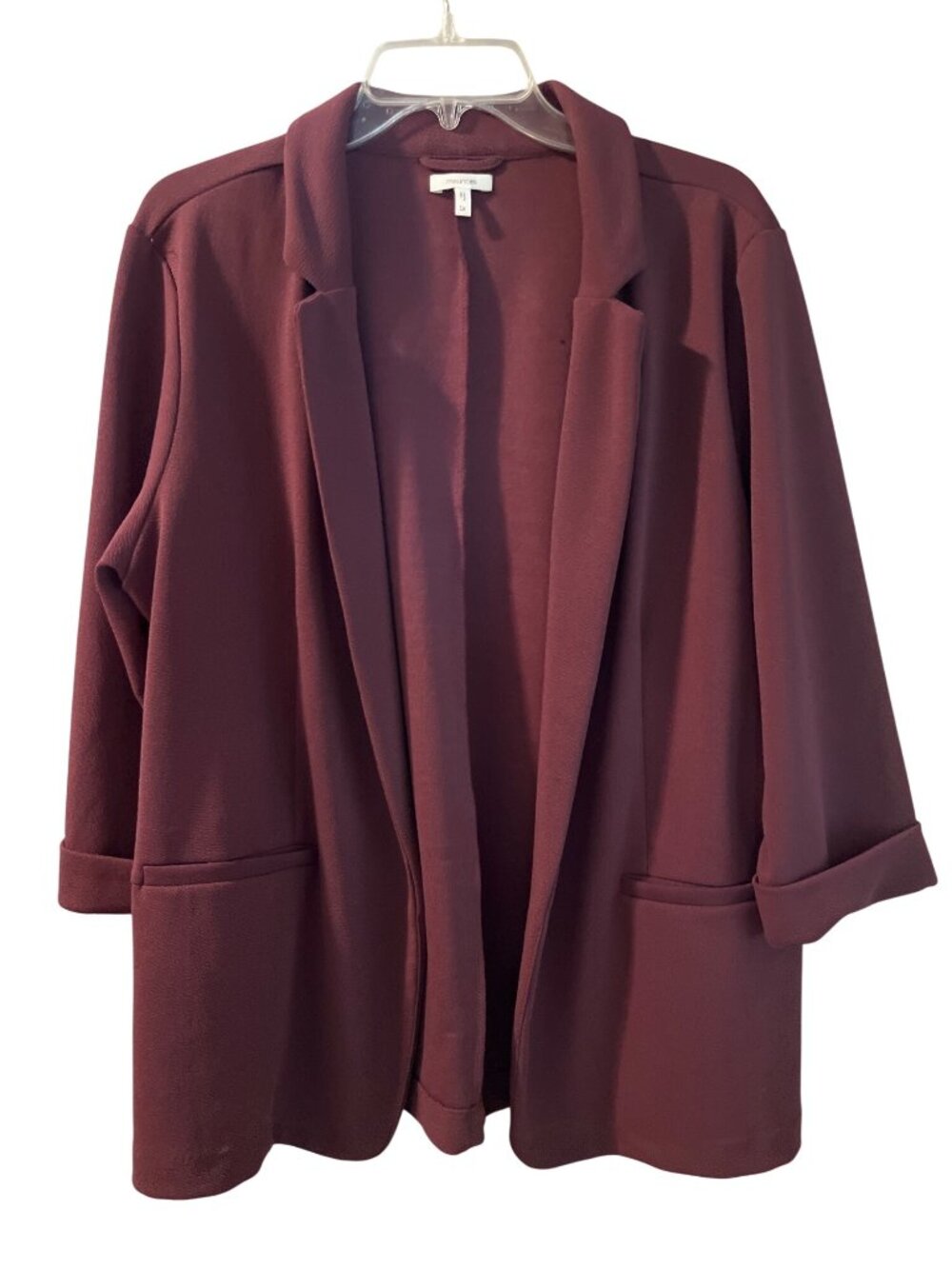 Maurices 1X Plum Purple Open Front Blazer Jacket 3/4 Sleeve Stretch Used